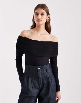 ASOS DESIGN ASOS DESIGN mesh bardot long sleeve bodysuit with cotton body in black
