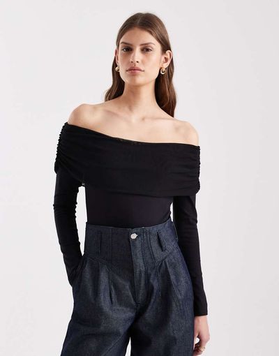 ASOS DESIGN ASOS DESIGN mesh bardot long sleeve bodysuit with cotton body in black