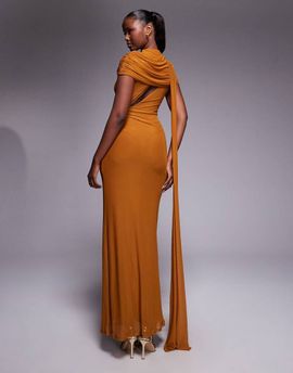 ASOS DESIGN ASOS DESIGN mesh cape detail maxi dress with draped back in burnt yellow