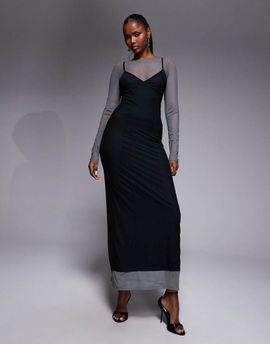 ASOS DESIGN ASOS DESIGN mesh double layer corset maxi dress with seaming detail in charcoal-Gray