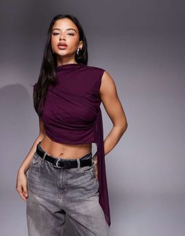ASOS DESIGN ASOS DESIGN mesh draped scarf detail top with grown on neck in fig-Purple
