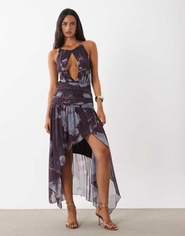 ASOS DESIGN ASOS DESIGN mesh halter keyhole high low maxi dress in purple floral print-MULTI