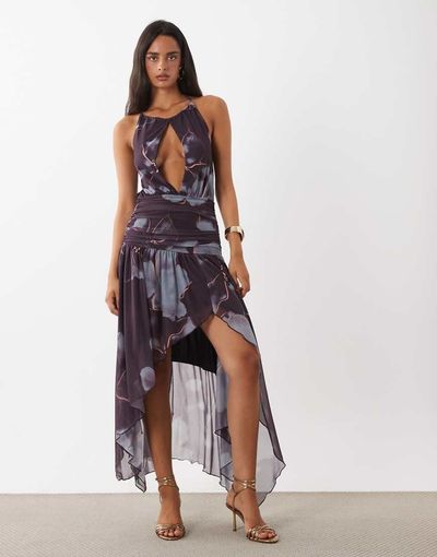 ASOS DESIGN ASOS DESIGN mesh halter keyhole high low maxi dress in purple floral print-MULTI