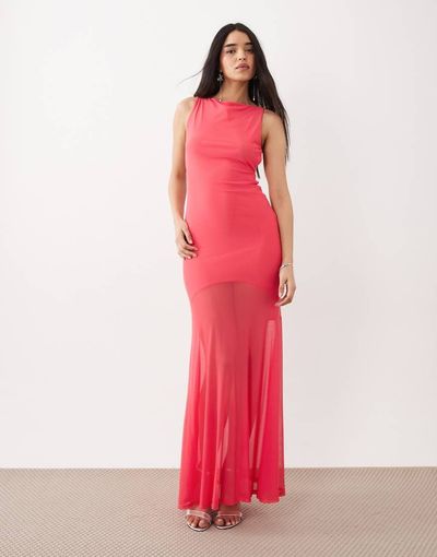 ASOS DESIGN ASOS DESIGN mesh high neck maxi dress with open back and double strap detailing in coral-Orange