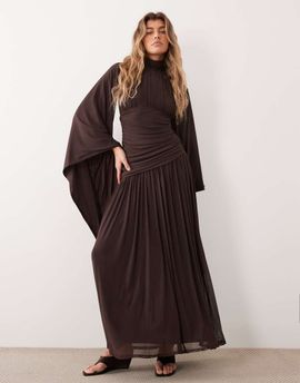 ASOS DESIGN ASOS DESIGN mesh high neck modesty maxi dress with waterfall sleeve detail in chocolate-Brown