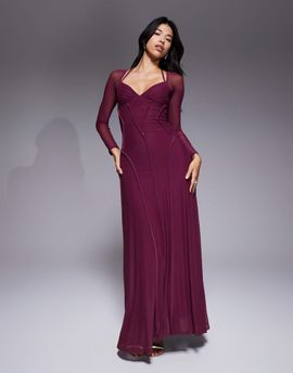 ASOS DESIGN ASOS DESIGN mesh long sleeve maxi dress with exposed seam detailing in deep plum-Purple
