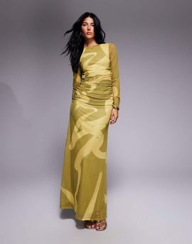 ASOS DESIGN ASOS DESIGN mesh long sleeve ruched maxi dress in abstract print-Multi