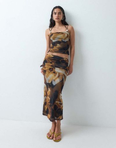 ASOS DESIGN ASOS DESIGN mesh midi skirt with ruching in blurred floral - part of a set-Multi