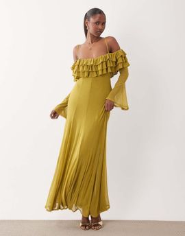 ASOS DESIGN ASOS DESIGN mesh off shoulder ruffle maxi dress with full godets in chartreuse-Green