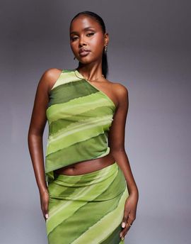 ASOS DESIGN ASOS DESIGN mesh one-shoulder asymmetric top in green abstract print - part of a set-Multi