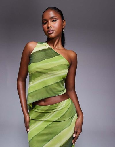 ASOS DESIGN ASOS DESIGN mesh one-shoulder asymmetric top in green abstract print - part of a set-Multi