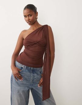 ASOS DESIGN ASOS DESIGN mesh one-shoulder sash top with bandeau detail in brown