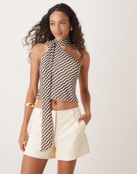 ASOS DESIGN ASOS DESIGN mesh one-shoulder scarf detail top in chocolate and white stripe-Multi
