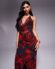 ASOS DESIGN ASOS DESIGN mesh plunge halter midi dress with wrap skirt in abstract red and blue print-Multi - 2