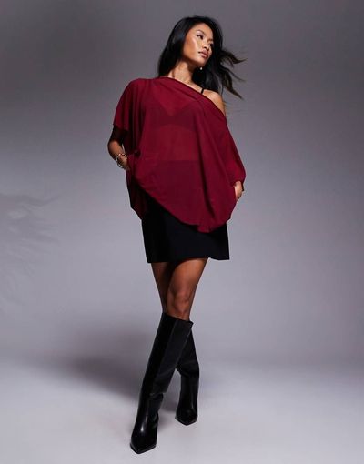 ASOS DESIGN ASOS DESIGN mesh sheer slouchy longline off-shoulder cape top in burgundy-Red