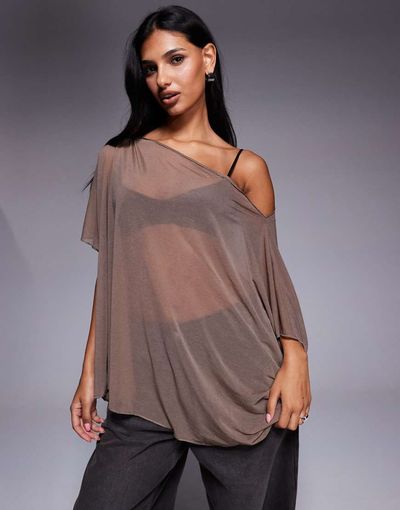 ASOS DESIGN ASOS DESIGN mesh sheer slouchy longline off the shoulder cape top in mocha-Brown