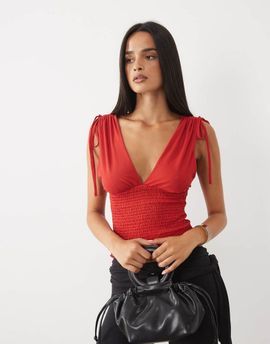 ASOS DESIGN ASOS DESIGN mesh shirred plunge neck top in red