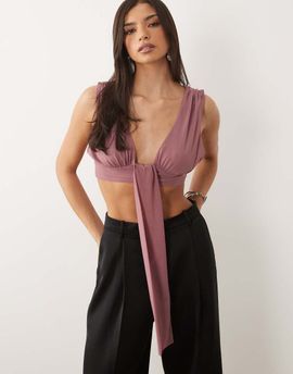 ASOS DESIGN ASOS DESIGN mesh tie front scarf detail bralet top in beige-Neutral