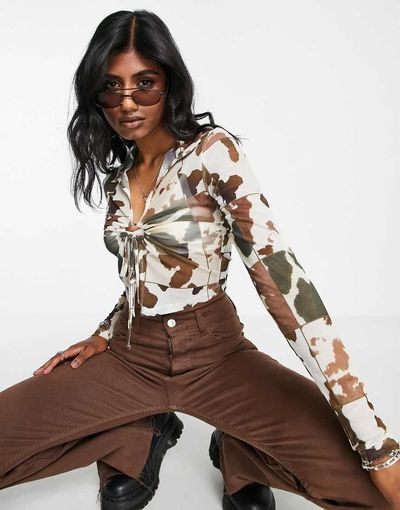 ASOS DESIGN ASOS DESIGN mesh top with tie ring front in cow print - MULTI