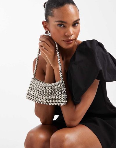 ASOS DESIGN ASOS DESIGN metal beaded clutch bag in silver tone