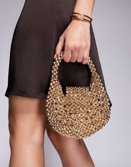 ASOS DESIGN ASOS DESIGN metallic beaded flap over clutch bag in gold