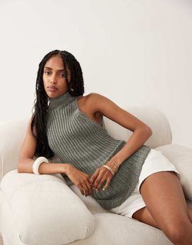 ASOS DESIGN ASOS DESIGN metallic knit asymmetric halter top in khaki-Red