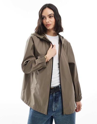 ASOS DESIGN ASOS DESIGN mid length rubberized rain jacket in mushroom-Neutral