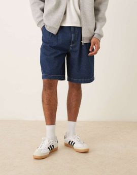 ASOS DESIGN ASOS DESIGN mid length wide denim shorts with pleat in dark wash blue