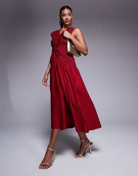 ASOS DESIGN ASOS DESIGN midi dress with ruched bodice and center channel detail in red-pink