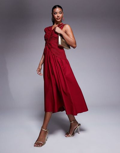 ASOS DESIGN ASOS DESIGN midi dress with ruched bodice and center channel detail in red-pink