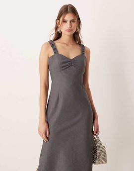 ASOS DESIGN ASOS DESIGN midi slip dress with ruched bust in charcoal-Gray