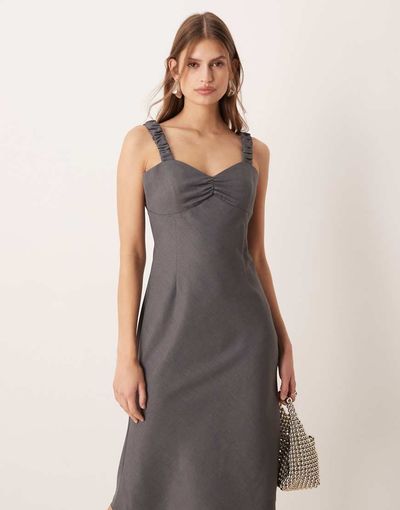 ASOS DESIGN ASOS DESIGN midi slip dress with ruched bust in charcoal-Gray