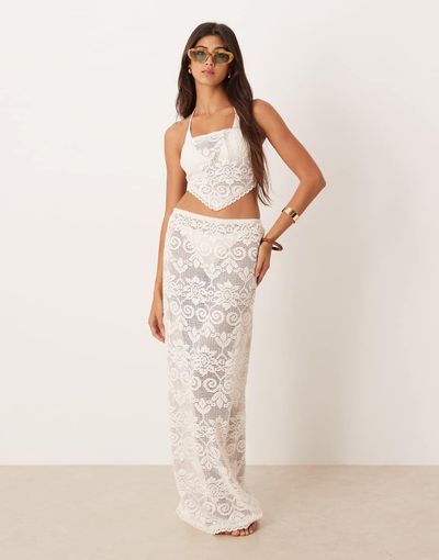 ASOS DESIGN ASOS DESIGN Minette beach crochet lace maxi skirt in cream-Black