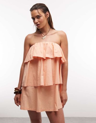 ASOS DESIGN ASOS DESIGN mini bandeau dress with ruffle details in peach-Orange