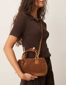 ASOS DESIGN ASOS DESIGN mini bowler crossbody bag in borg with detachable strap in tan-White