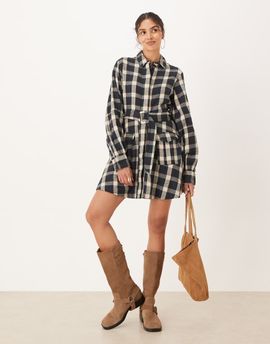 ASOS DESIGN ASOS DESIGN mini shirt dress with belt in black and tan plaid-Multi