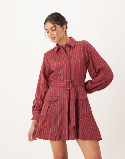 ASOS DESIGN ASOS DESIGN mini shirt dress with belt in deep berry stripe-Multi