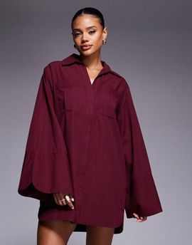 ASOS DESIGN ASOS DESIGN mini shirt dress with wide cuffs and oversized pockets in cherry-Multi