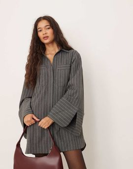 ASOS DESIGN ASOS DESIGN mini shirt dress with wide cuffs and oversized pockets in gray pinstripe