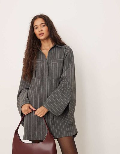 ASOS DESIGN ASOS DESIGN mini shirt dress with wide cuffs and oversized pockets in gray pinstripe