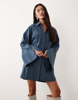 ASOS DESIGN ASOS DESIGN mini shirt dress with wide cuffs and oversized pockets in inky blue-Multi