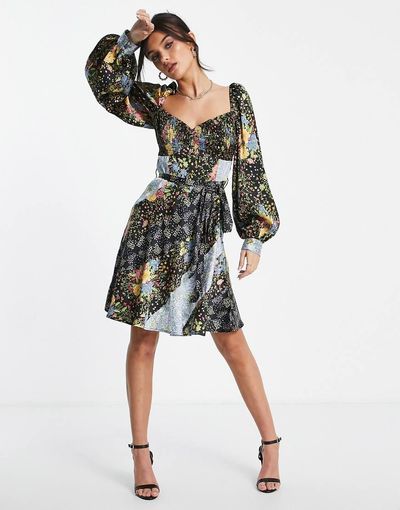 ASOS DESIGN ASOS DESIGN mini tea dress with belt in mixed floral prints-Multi