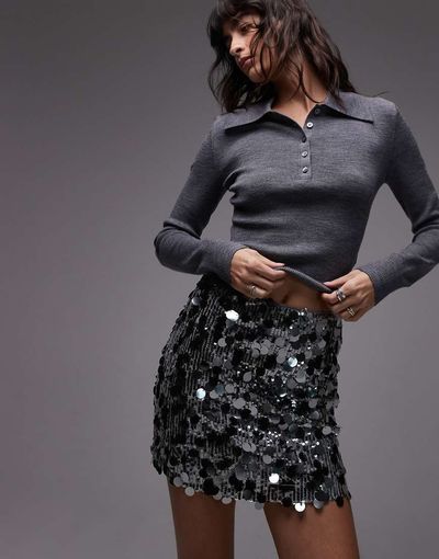ASOS DESIGN ASOS DESIGN mixed sequin mini skirt in gunmetal silver-Gray