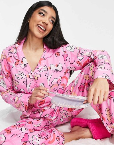 ASOS DESIGN ASOS DESIGN modal floral shirt & pants pajama set in pink