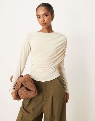 ASOS DESIGN ASOS DESIGN modal wrap detail long sleeve tee in cream-White