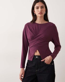 ASOS DESIGN ASOS DESIGN modal wrap waist long sleeve top in fig-Purple