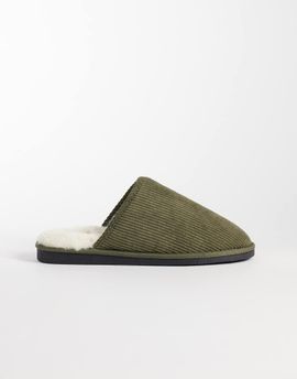 ASOS DESIGN ASOS DESIGN mule slippers in dark olive corduroy with tonal faux shearling lining-Green