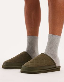 ASOS DESIGN ASOS DESIGN mule slippers in khaki nylon with borg lining-Green
