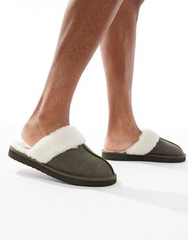 ASOS DESIGN ASOS DESIGN mule slippers in khaki suede with faux shearling lining-Green
