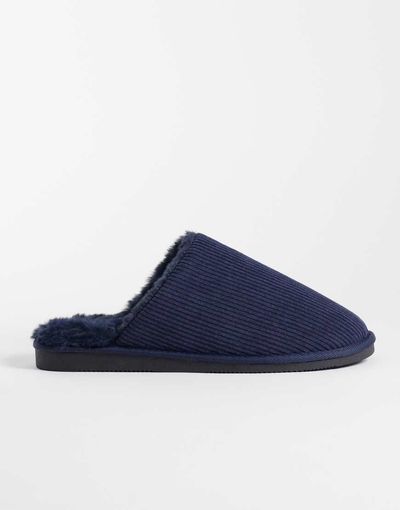 ASOS DESIGN ASOS DESIGN mule slippers in navy corduroy with tonal faux shearling lining